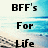 Pixelated text reads 'BFF's For Life' on left and 'Tara and Brenna' on right over a beach background with blue sky and water.