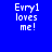 Blue background with white pixelated text 'Evry1 loves me!' in four quadrants, one with red gradient overlay.