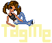 Pixel art of a cartoon girl with brown pigtails and blue hair ties sitting on a yellow 'TagMe' text against a gray background.