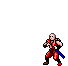 Pixel art character in red outfit with blue sash performing multiple combat actions against gray background.