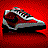 Pixelated image of a red athletic shoe with white laces and gray accents on a solid red background.