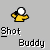 A 4x3 contact sheet of a pixelated animated buddy icon showing sequential frames of a yellow stick figure with white head performing actions against a gray background, labeled "Shot Buddy" in text below each frame.