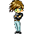 Pixelated character with brown hair and green eyes in multiple poses, wearing dark jacket and light blue pants against gray background.