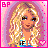 Pixelated cartoon woman with blonde hair and blue top, showing facial expressions, clothing changes, and text animations on pink background.