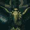 Pixel art of a golden armored figure with outstretched wings and a circular halo, set against dark background with blue pixel clusters.