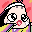 Pixel art contact sheet showing three frames of an animated cartoon character with large eyes and pink lips against a heart-patterned background.