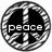 A circular black-and-white peace symbol with 'peace' text inside, next to a light blue heart shape containing 'love' text.