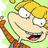 Animated cartoon character with blonde hair and orange striped shirt, smiling widely against light green background.