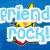 Yellow cartoon rabbit with pink nose and blue eyes plays red electric guitar against solid blue background, text 'friend rock!' in light blue block letters.