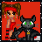 Animated pixel art contact sheet showing a girl and black cat character with green eyes across six frames on red background, displaying subtle pose and expression changes.