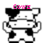 Pixelated cow icon with black-and-white spots, pink text above, and a gray background in one