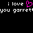 Pixelated text reads 'i love you garrett' with a pink heart symbol replacing the word 'love', repeated twice on black background.