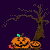Animated Halloween-themed buddy icon featuring pumpkins, ghosts, and trees in a pixel art style with sequential frame changes showing ghost appearances.