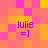 Pixelated of pink and orange squares with four identical purple text blocks reading "Julie =]" in different positions