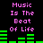Pixelated text "Music Is The Beat Of Life" in pink appears above green audio equalizer bars on a black background, with two identical side-by-side layouts.