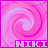 Pixelated pink and purple spiral background with 'NIKI' text in light purple at bottom, bordered by solid magenta frame.
