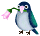 Pixelated bird with blue head, green wings, and light gray body holds pink flower in beak; show slight head movement