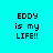 Pixelated text 'EDDY is my LIFE!!' on cyan background with green rectangular overlays shifting across the image.