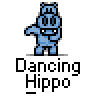 A 5x4 contact sheet of a pixel art dancing hippo animation with 19 frames, each showing the blue cartoon hippo in different dance poses against a gray background.