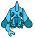 Pixelated blue creature with large eyes and a single horn sits in a of identical frames, each showing slight variations in hand position and facial expression