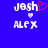 Pixelated text 'Josh' and 'Alex' with heart symbols on a blue background, showing two states of an animation.