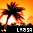 Pixelated palm tree silhouette against orange sunset sky with white light burst, text "LYRISA" below.