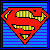 Pixelated Superman logo animation frames with red shield, yellow S symbol, blue striped background, and black border in a 2x2 contact sheet layout.