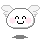 Pixelated white circular icon with pink cheeks, black smiley eyes and mouth, small wings on top left/right, gray shadow below.