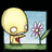Pixelated character with large yellow head and white eyes stands in grassy field with purple flower, text overlays change across frames.