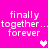 A bright pink background displays four identical text blocks reading 'finally together... together... forever' with pixelated white hearts between them, animated to alternate between white and light pink hearts.