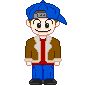 Pixel art character in blue cap and brown jacket with white trim, red shirt, blue pants, black shoes; two poses show standing still and pointing right.