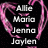 Four distinct display name lists and a phrase with heart motifs, each featuring unique background colors and text styles