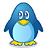 Blue penguin with yellow beak and feet in various expressions including closed eyes, wide eyes, and a speech bubble saying Hello.