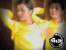Animated sequence of three women in yellow, pink, and white outfits with circular black-and-white logos on each frame.