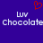 A static pixel art image with a solid blue background, featuring red heart outline and white text reading 'luv chocolate' twice.