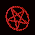 Red pixelated symbols in circular and irregular shapes on black background, transitioning from pentagrams to abstract forms.