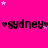 A bright pink background features repeated black text reading "sydney" with heart symbols, surrounded by scattered white and light pink stars.