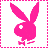 Pixelated pink Playboy Bunny icon with bow tie, bordered by pink dashed line on white background.