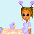 Pixel art of a character with brown hair in pigtails, blue eyes, and purple dress standing beside a small purple bird on an orange platform.