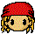 Pixelated character with red bandana and yellow braided hair showing three facial expressions: wide eyes, narrowed eyes, and closed eyes.