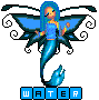 Pixelated mermaid with blue hair and tail, blue top, dark green wings, and curled black accents, standing above blue blocks spelling 'WATER' on gray background.