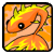 Pixelated orange and yellow cartoon fish-like creature with single large eye, green accents on fins, against gradient background of warm oranges and yellows.