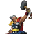Pixelated figure in red and blue attire holding a large hammer above head against gray background.