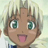 Pixelated anime-style character face with light brown skin, green eyes, and short blonde hair sticking up in spikes, mouth open with tongue out, wearing blue clothing at bottom edge.