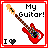 Red electric guitar with flame-shaped headstock, 'My Guitar!' text above, and 'I' followed by heart symbol below on white background.