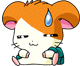 Pixelated hamster-like character with orange fur, pink inner ears, and a blue teardrop on its head; green clothing; two poses showing slight movement.