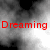 Red pixelated text reading 'Dreaming' overlaid on a grayscale abstract background with dark and light gray gradients.