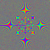 repeating circular patterns with shifting rainbow-colored outlines on a gray background, displaying animated motion