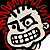 Pixel art contact sheet of animated frames featuring a cartoon character with red spiky hair, white shirt, blue pants, and exaggerated grin running across black background with "MXPX" text elements.