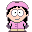 Pixelated cartoon character with pink helmet and jacket, black hair, light skin, blue eyes, gray mouth, yellow pants, purple accents on sleeves.
